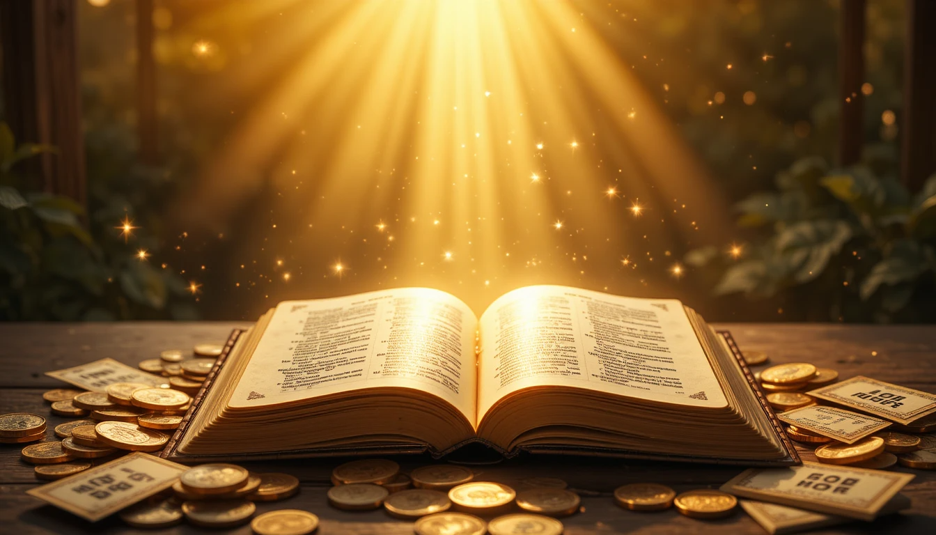 "A serene and inspiring scene showing an open Bible with glowing light rays shining on it, surrounded by golden lottery tickets, coins, and a peaceful background with soft sunlight. Emphasize hope, faith, and divine blessing. Include subtle sparkles to symbolize miracles. Style: realistic yet slightly magical, warm color tones, uplifting and spiritual atmosphere."